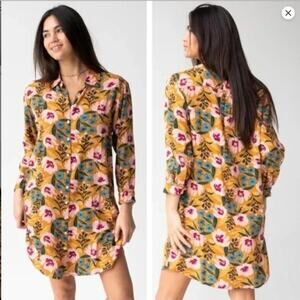 Natural Life Floral Shirt Dress Yellow Coastal Boho Tunic Sz S Artsy Resort wear